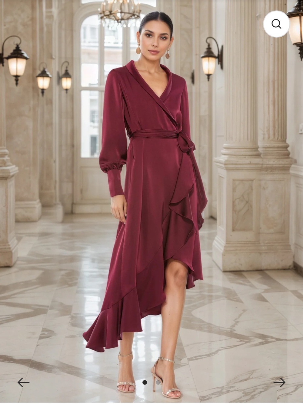 Mac Duggal Burgundy Mother of Bride Dress Ruffled Tie Waist Long Sleeve Size 4